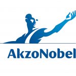 Logo de fundo branco com uma figura humana com os braços abertos em azul e escrito Akzonobel.