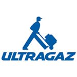 Logo escrito em azul Ultragaz com um desenho de uma pessoa empurrando um carrinho com um botijão de gás.
